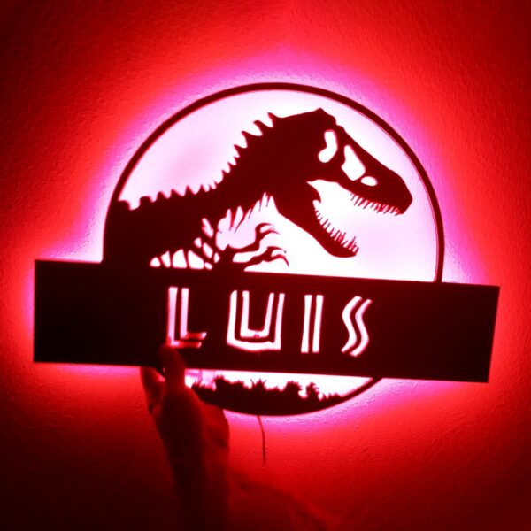 Placa neón-led nombre personalizado dinosaurio estilo Parque Jurásico